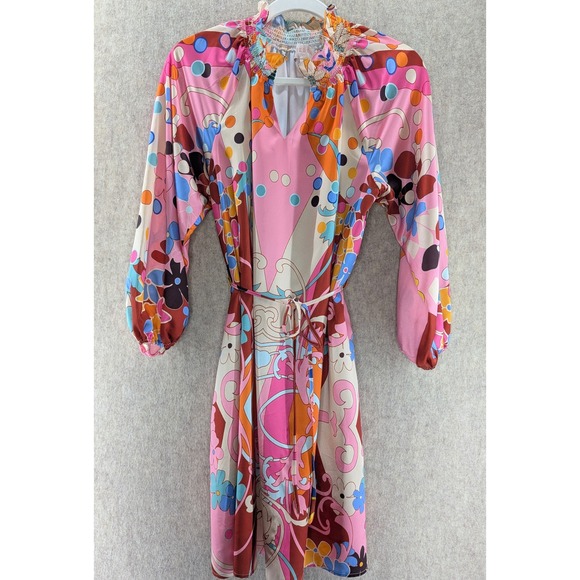 CIEBON XS 70s Style Psychedelic Print Smocked Neck Long Sleeve Mini Dress - Picture 4 of 7